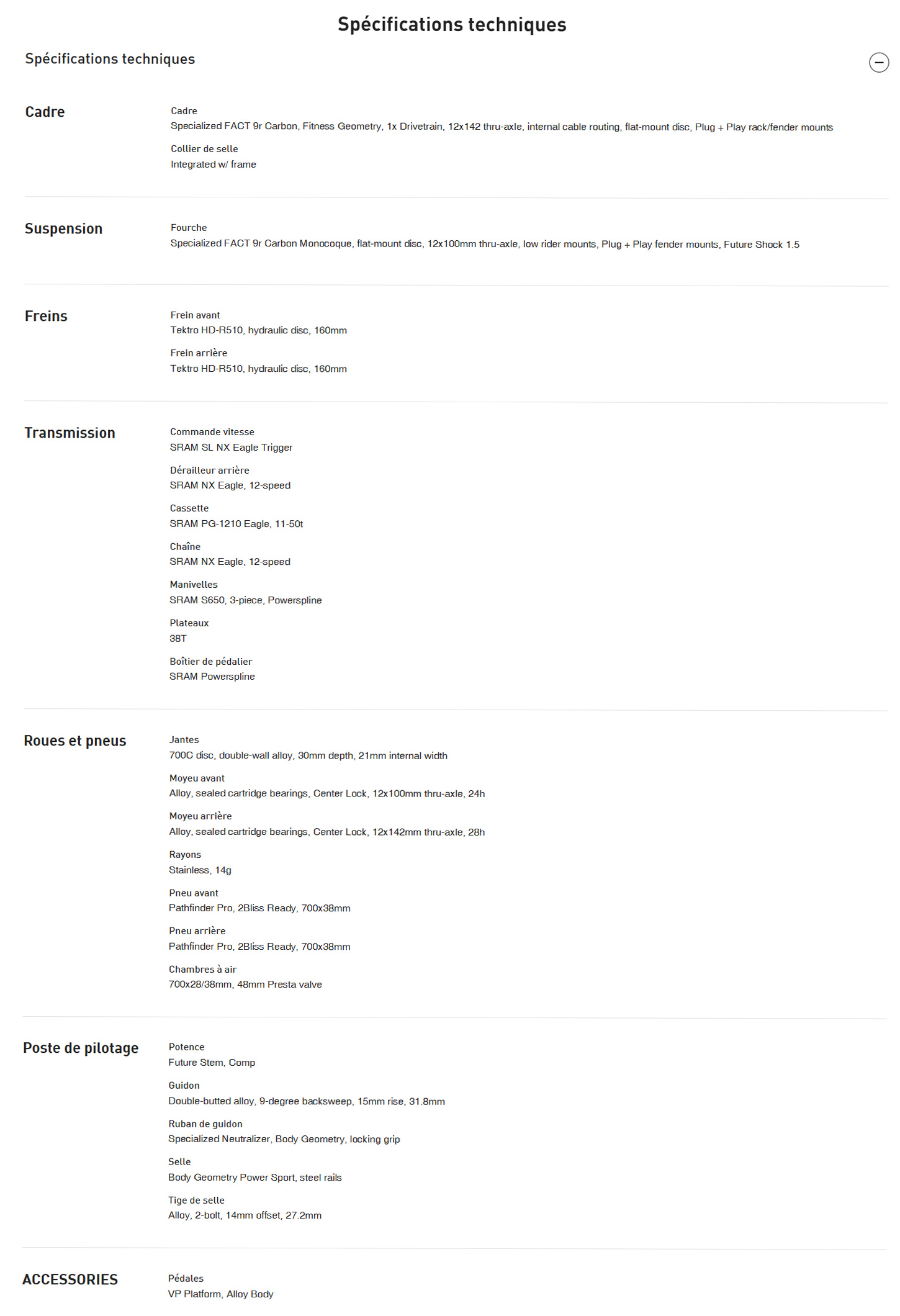 Caracteristique Technique du Vélo Sirrus X 5.0 année 2022